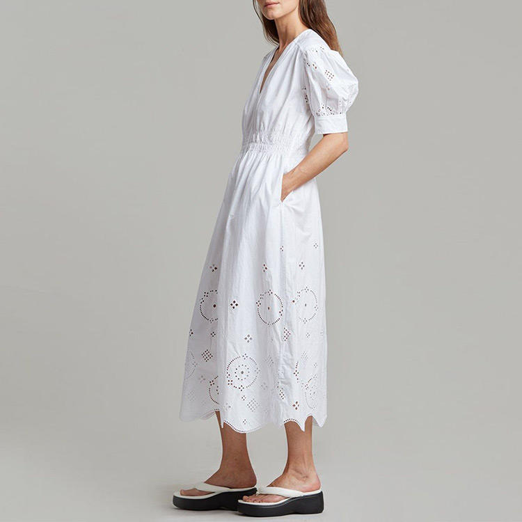 Custom shirring wrap midi dresses embroidery burn out boho fashion long womens dresses summer white linen dresses for women